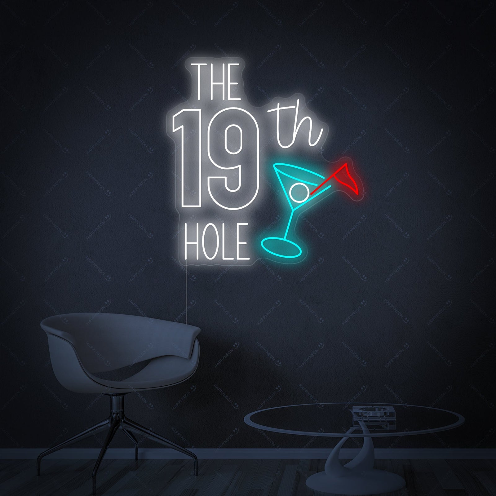 The glowing 'The 19th Hole Golf' neon sign displayed prominently on a rustic brick wall, casting a warm white and green light in a cozy man cave with classic wooden furniture.