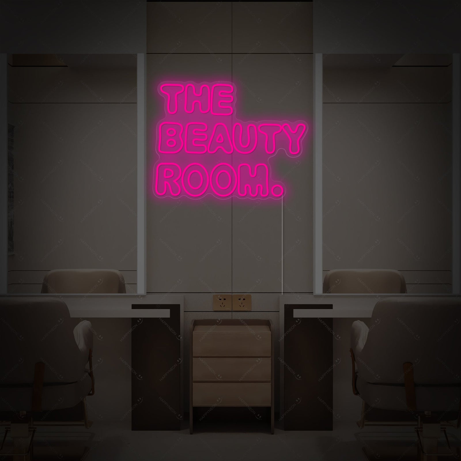 A high-quality neon sign displaying 'The Beauty Room' in elegant script, with visible tube geometry and a physical backing, set against a chic, symmetrical salon background.
