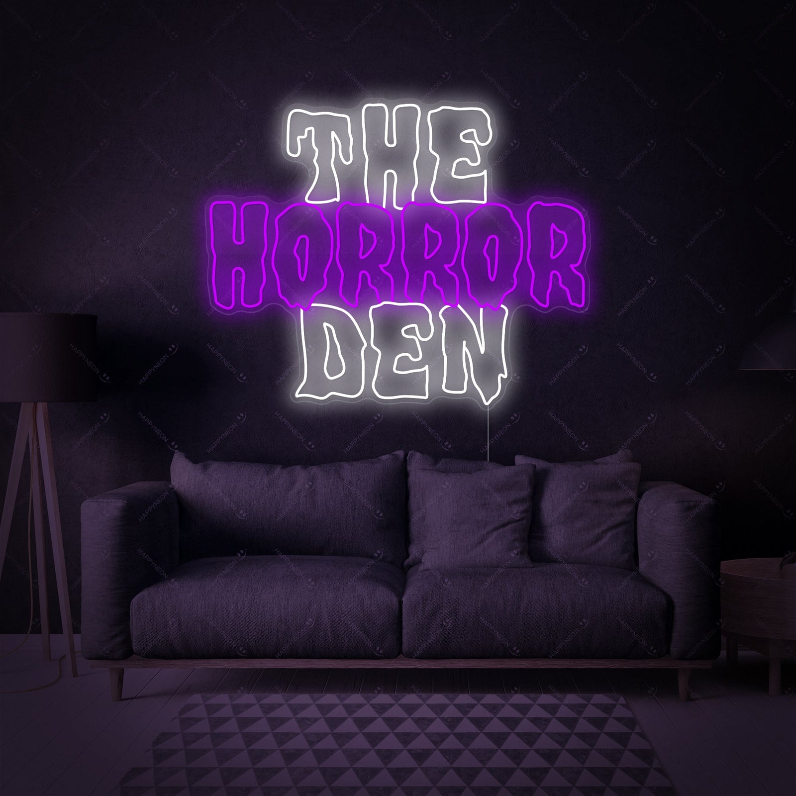 Closeup of the glowing red "The Horror Den" neon sign against a dark wall, showing realistic neon tubing details.