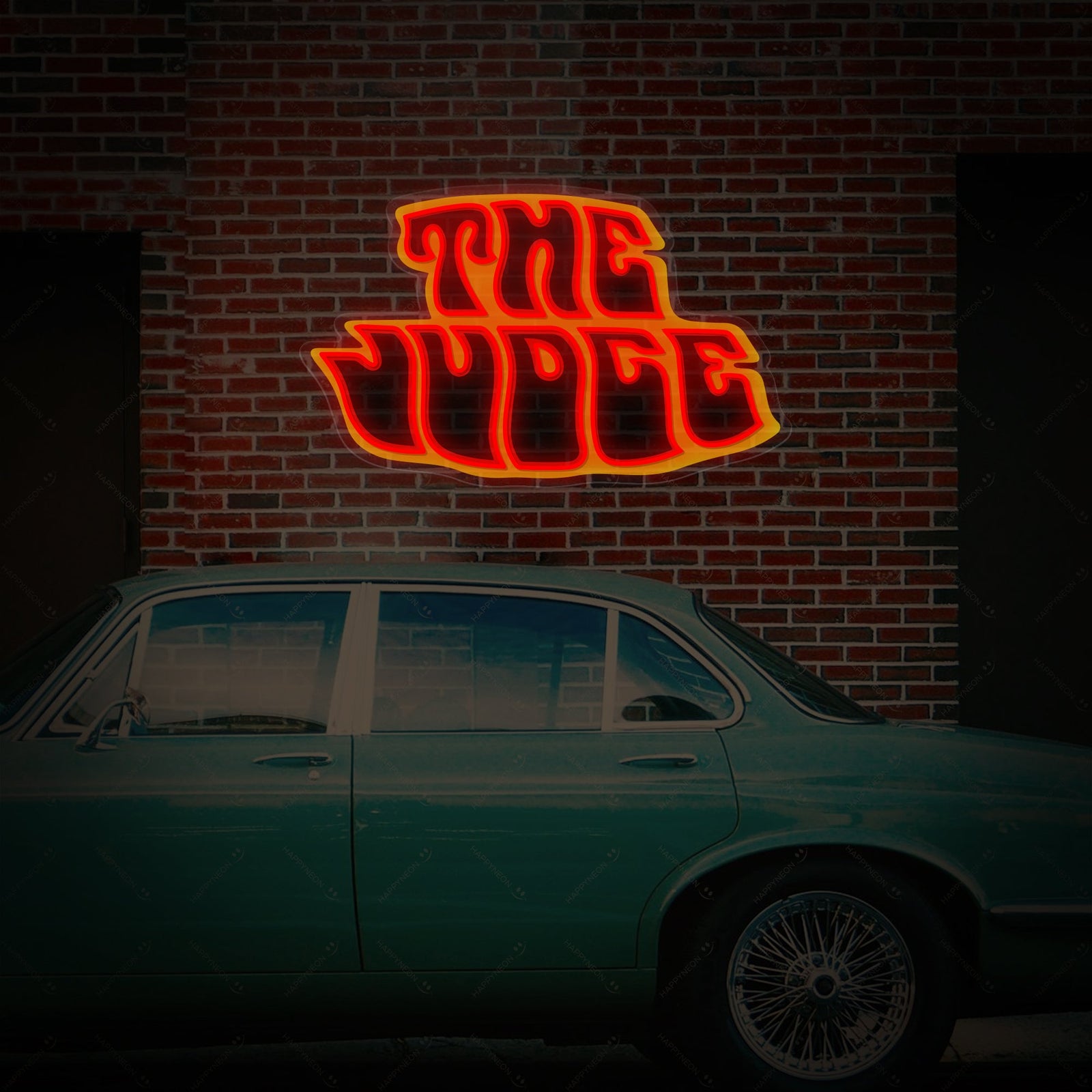 A clean graphic representation of 'The Judge' neon sign design featuring stylized text and automotive accents.