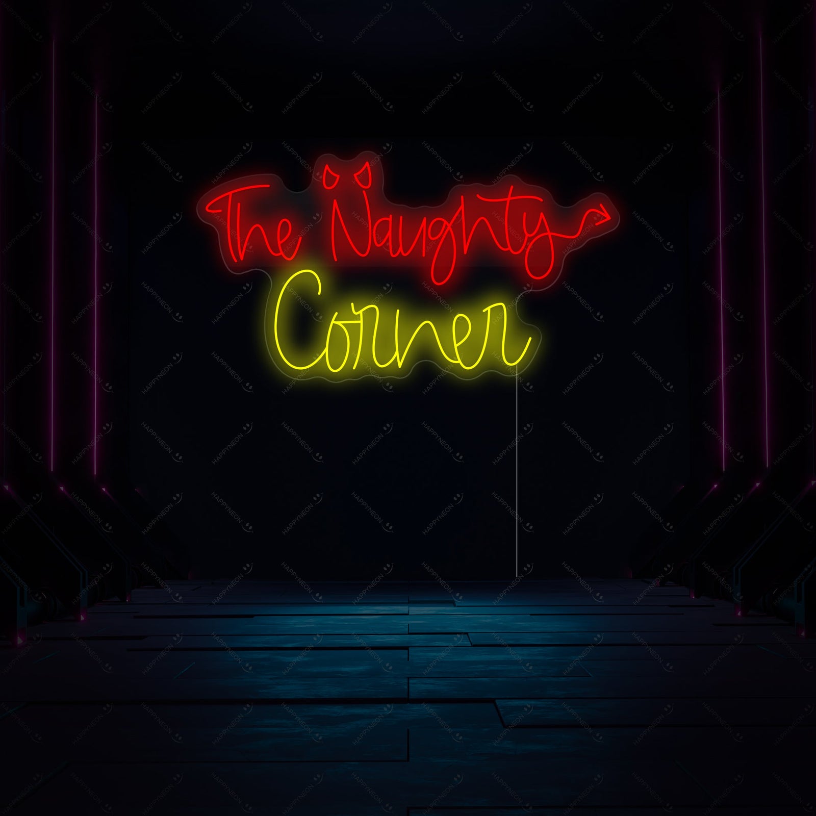 A glowing 'The Naughty Corner' neon sign displayed against a darker, textured background with subtle reflections.
