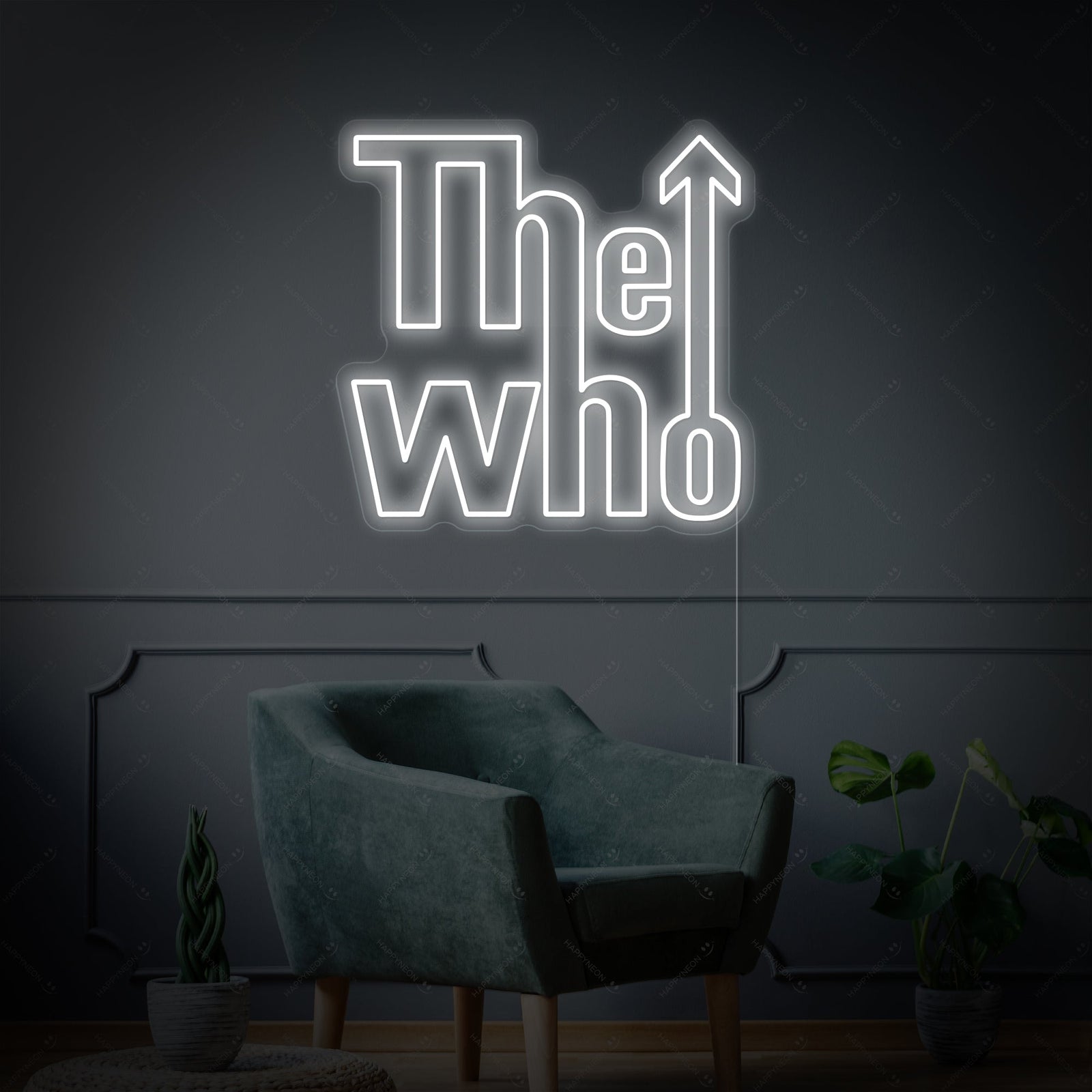 A closer view of 'The Who' neon sign, showing the clear acrylic backing cut to shape around the glowing logo.