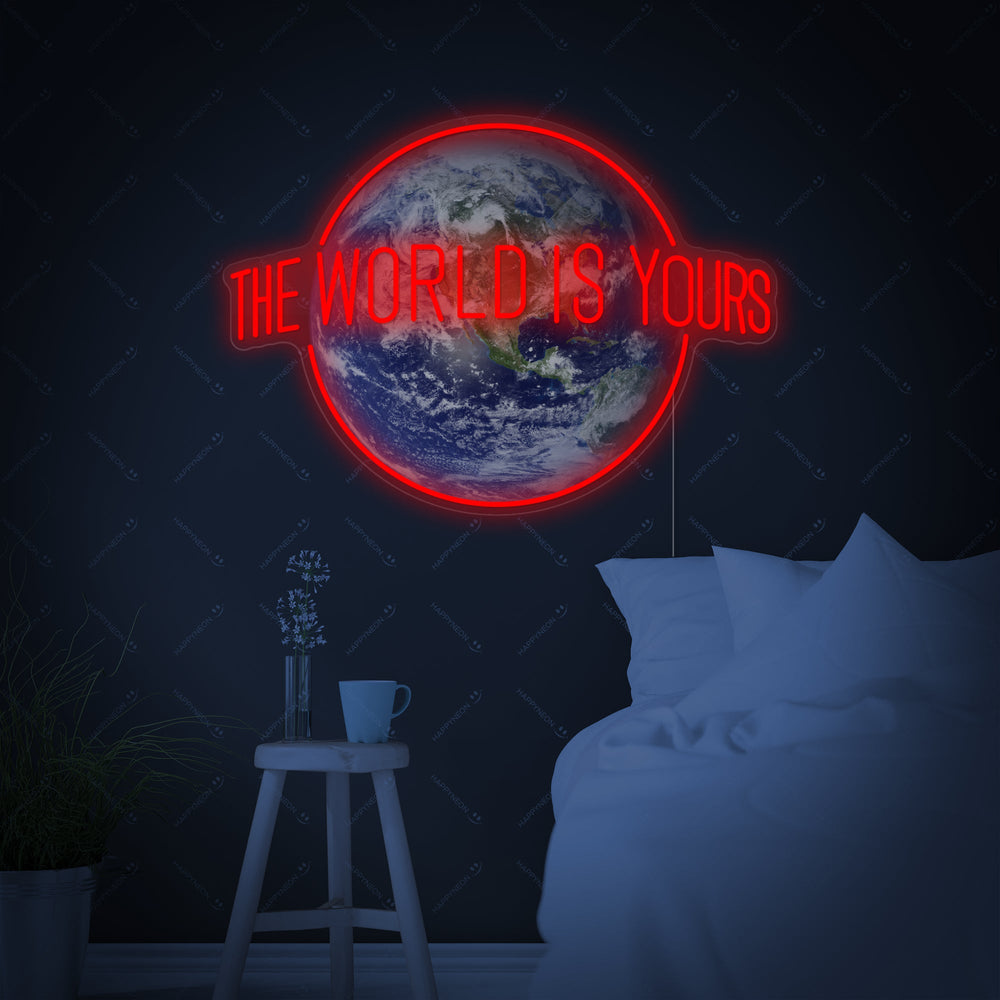 A rendition showing "The World Is Yours" neon sign mounted above a bed on a gray paneled wall next to a wooden stool.