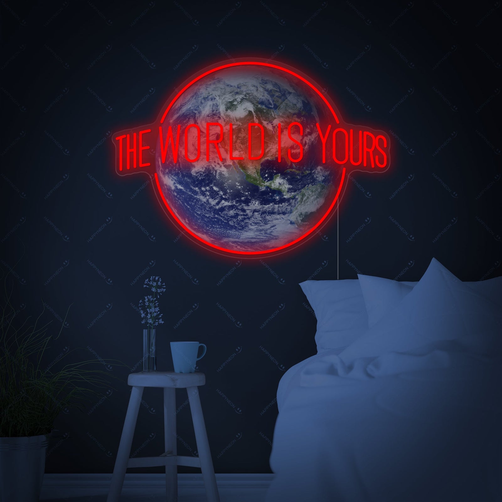 A rendition showing "The World Is Yours" neon sign mounted above a bed on a gray paneled wall next to a wooden stool.