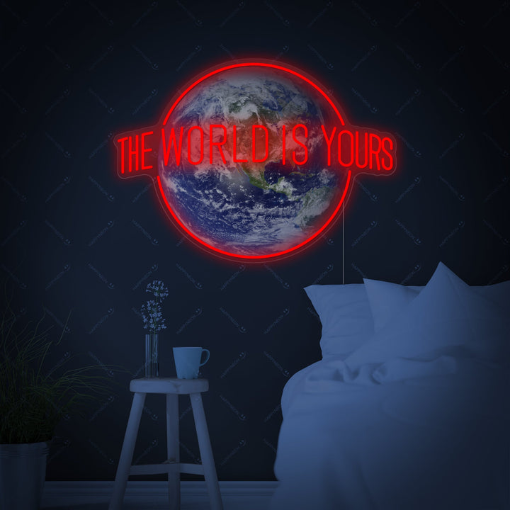 A rendition showing "The World Is Yours" neon sign mounted above a bed on a gray paneled wall next to a wooden stool.