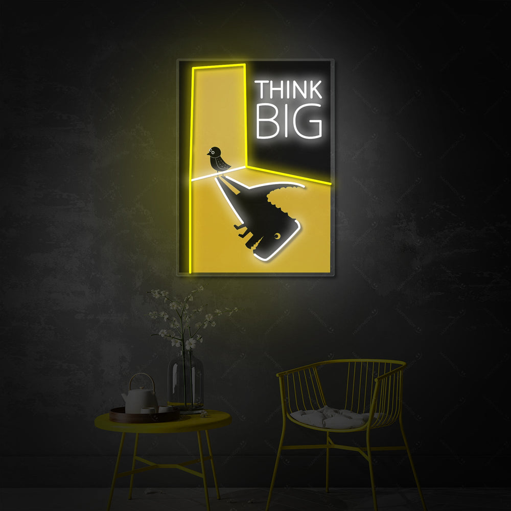 Close-up detail of the durable, UV printed "Think Big" neon sign showing high-quality construction.