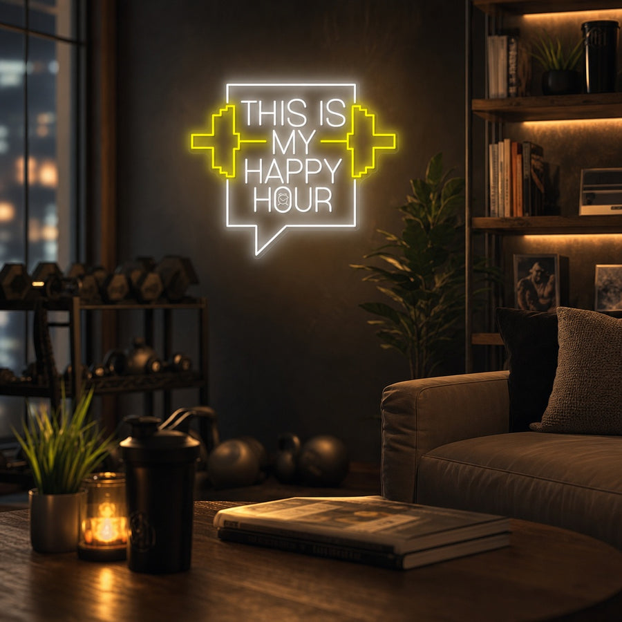 A lifestyle photo of the 'This Is My Happy Hour' neon sign glowing brightly on a brick wall in a fully equipped home gym, near motivational wall art and exercise equipment.