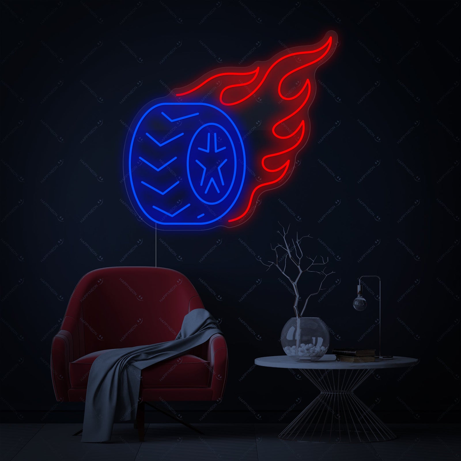 The official design template for the Tire Flame neon sign, illustrating the flaming tire artwork and transparent mounting board outline.