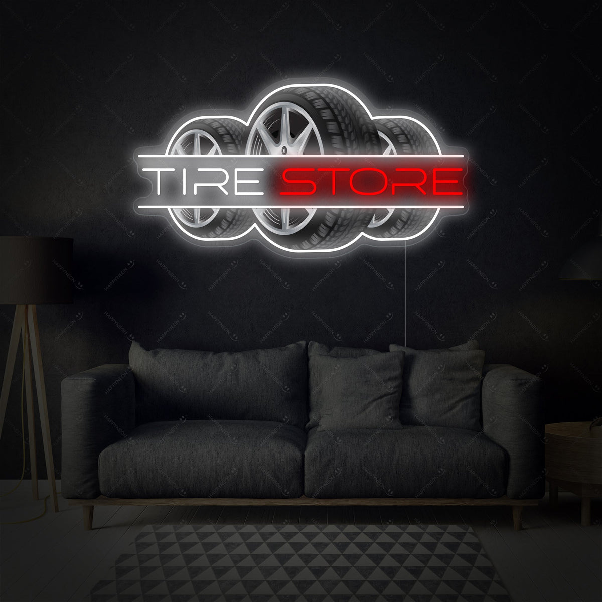 A stylized, graphic illustration of a glowing 'Tire Store' neon sign, featuring large blue text and a detailed tire graphic on a clear background, suitable for product listing.