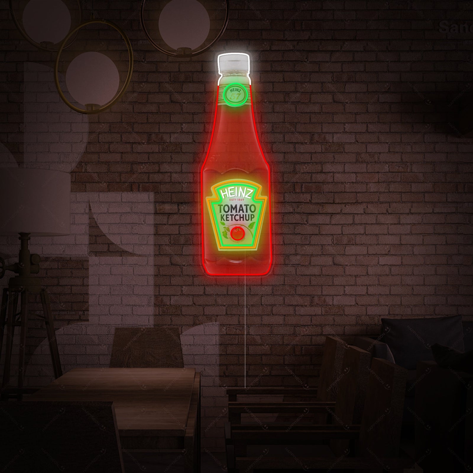 A realistic photograph of a fabricated Tomato Ketchup Bottle neon sign with detailed red and white tubing and clear acrylic backing, mounted on a rustic wooden wall above a table.