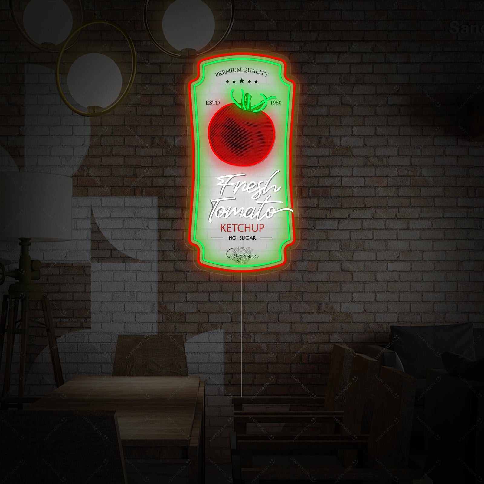 A glowing 'Tomato Ketchup Sauce Badge' neon sign featuring a vintage label design with text 'KETCHUP' and 'TOMATO SAUCE'.
