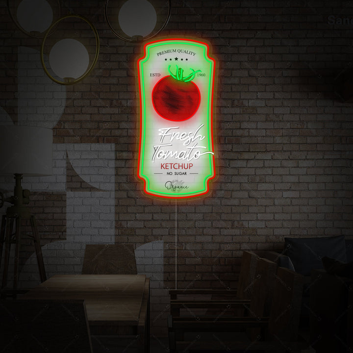 A glowing 'Tomato Ketchup Sauce Badge' neon sign featuring a vintage label design with text 'KETCHUP' and 'TOMATO SAUCE'.