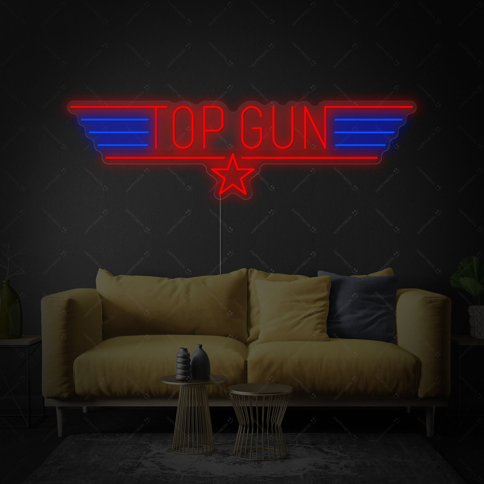 A Top Gun neon sign featuring glowing red and white neon tubing shaped into the film's iconic logo, presented against a plain background to show the design details.