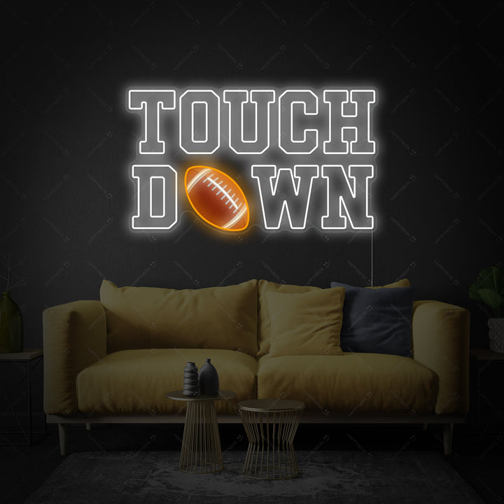 A glowing 'Touchdown' neon wall sign featuring a classic American football silhouette design, perfect for sports decor.