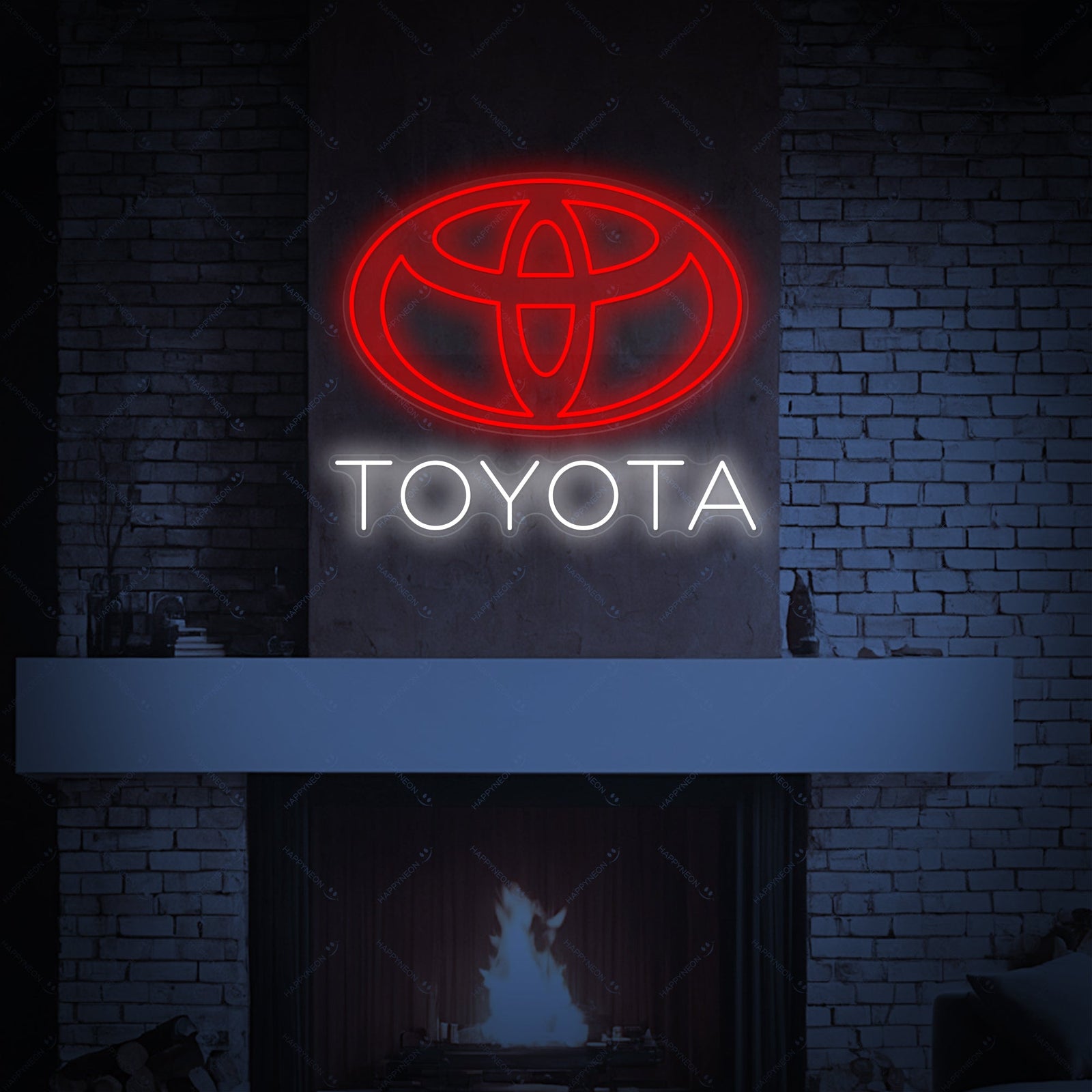 Graphic illustration of the Toyo-Car logo neon sign design over a fireplace mantel.