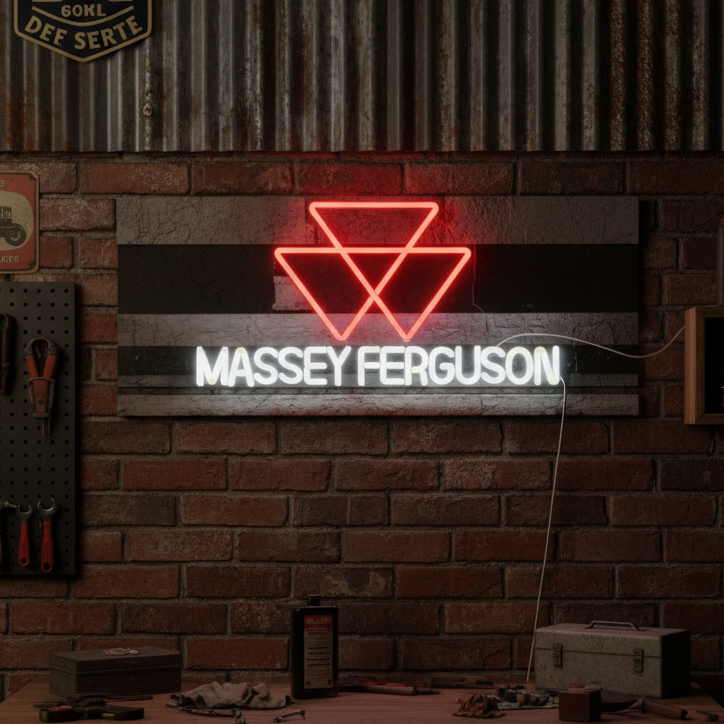 A close-up view of the illuminated tractor triangle symbol neon sign in a garage setting.