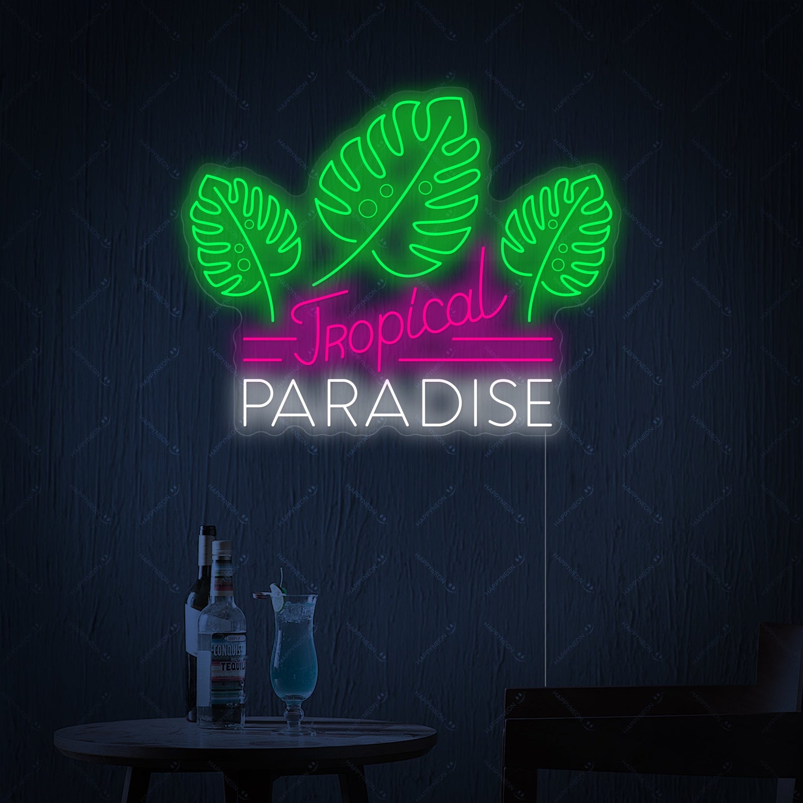 A well-composed shot of the handcrafted 'Tropical Paradise' neon sign with an acrylic backboard, glowing brightly above a beautifully arranged bar area with exotic cocktails.
