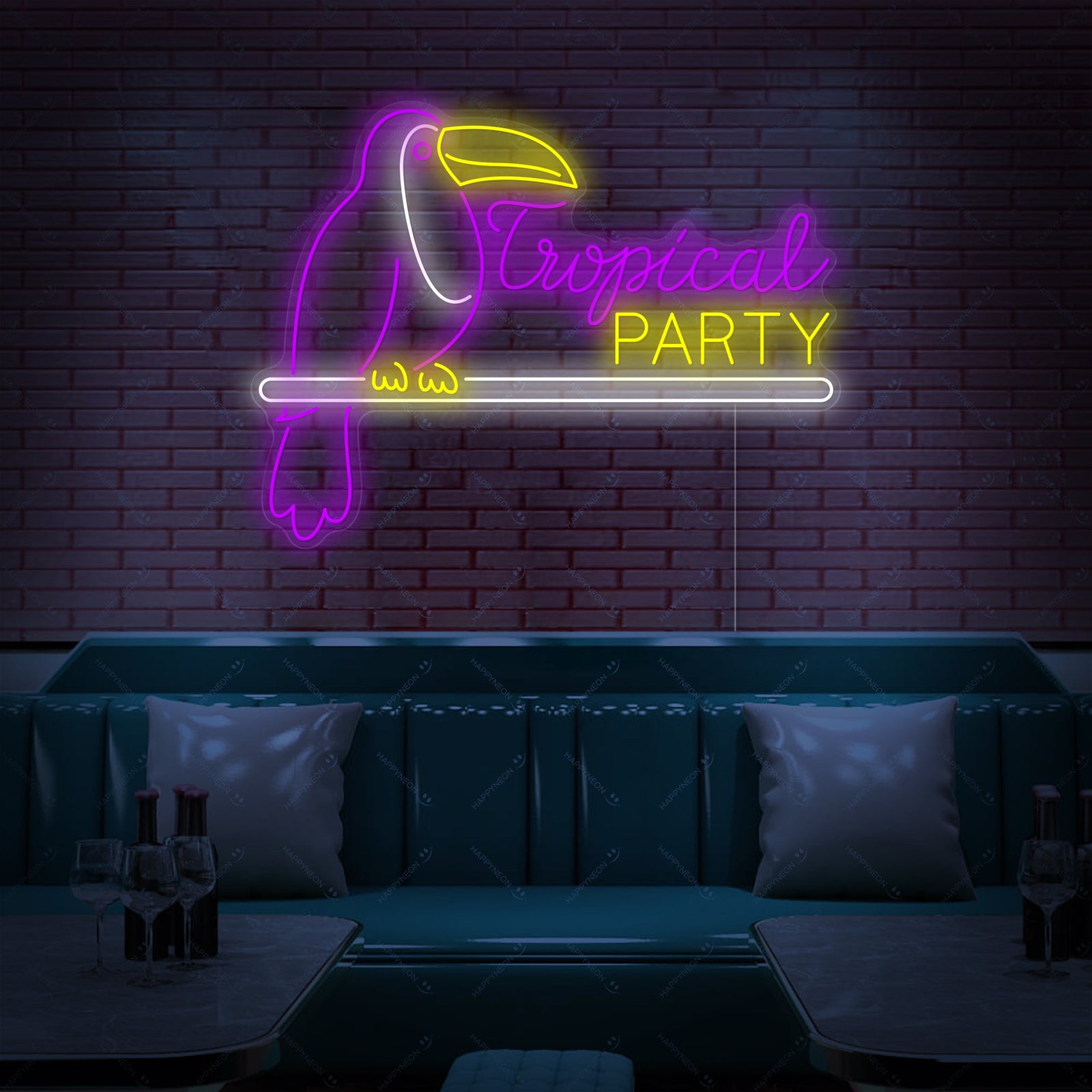 A close-up view of the glowing blue, orange, and pink Tropical Party neon sign, including the clear acrylic backing and hanging chain.