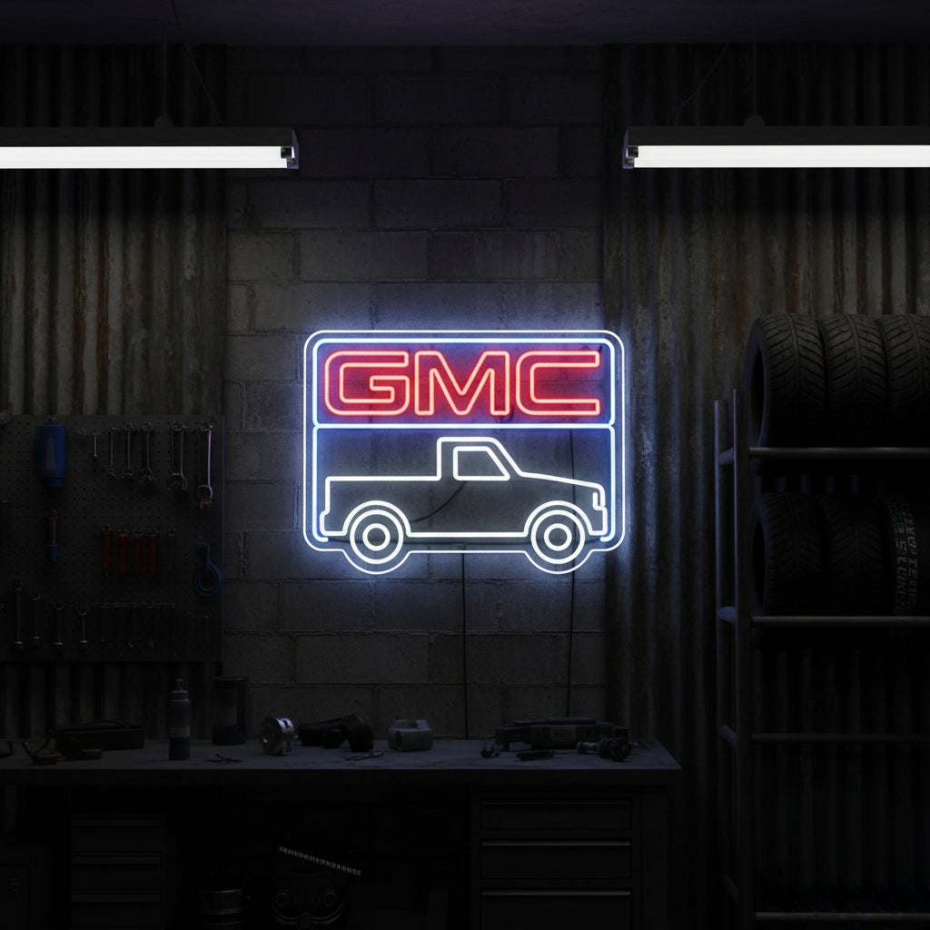 A glowing red and blue GMC neon sign with a truck outline displayed on a dark brick wall in a garage, styled alongside vintage automotive memorabilia.