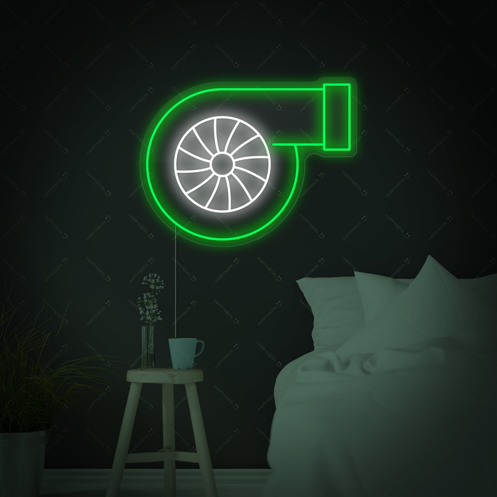 A blue 'Turbo' neon sign glowing brightly above a couch in a modern bedroom setting.