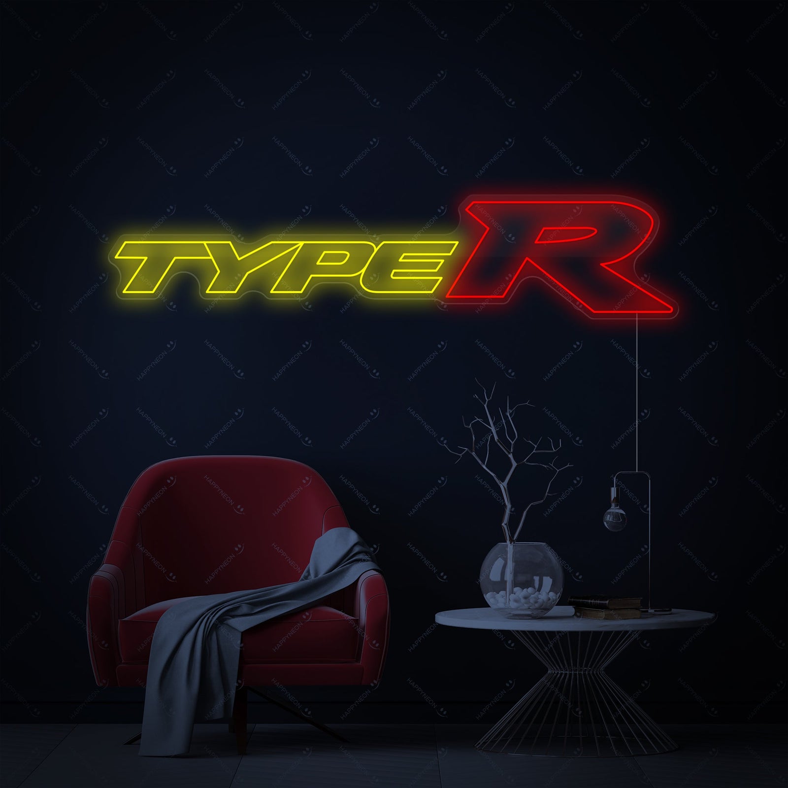 Close-up detailed view of the red Type R neon tubing, showing the quality craftsmanship and secure clear backing board.