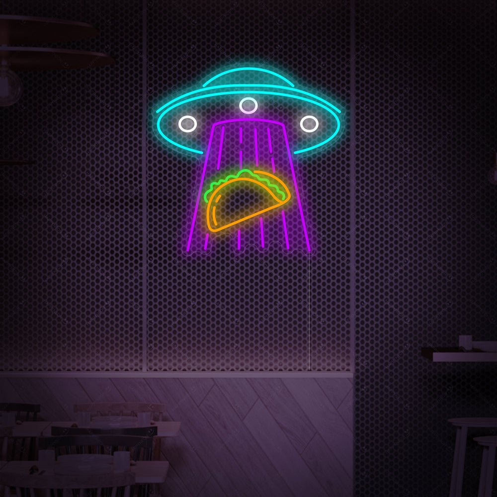 Digital illustration of the UFO Abducting Tacos neon sign design
