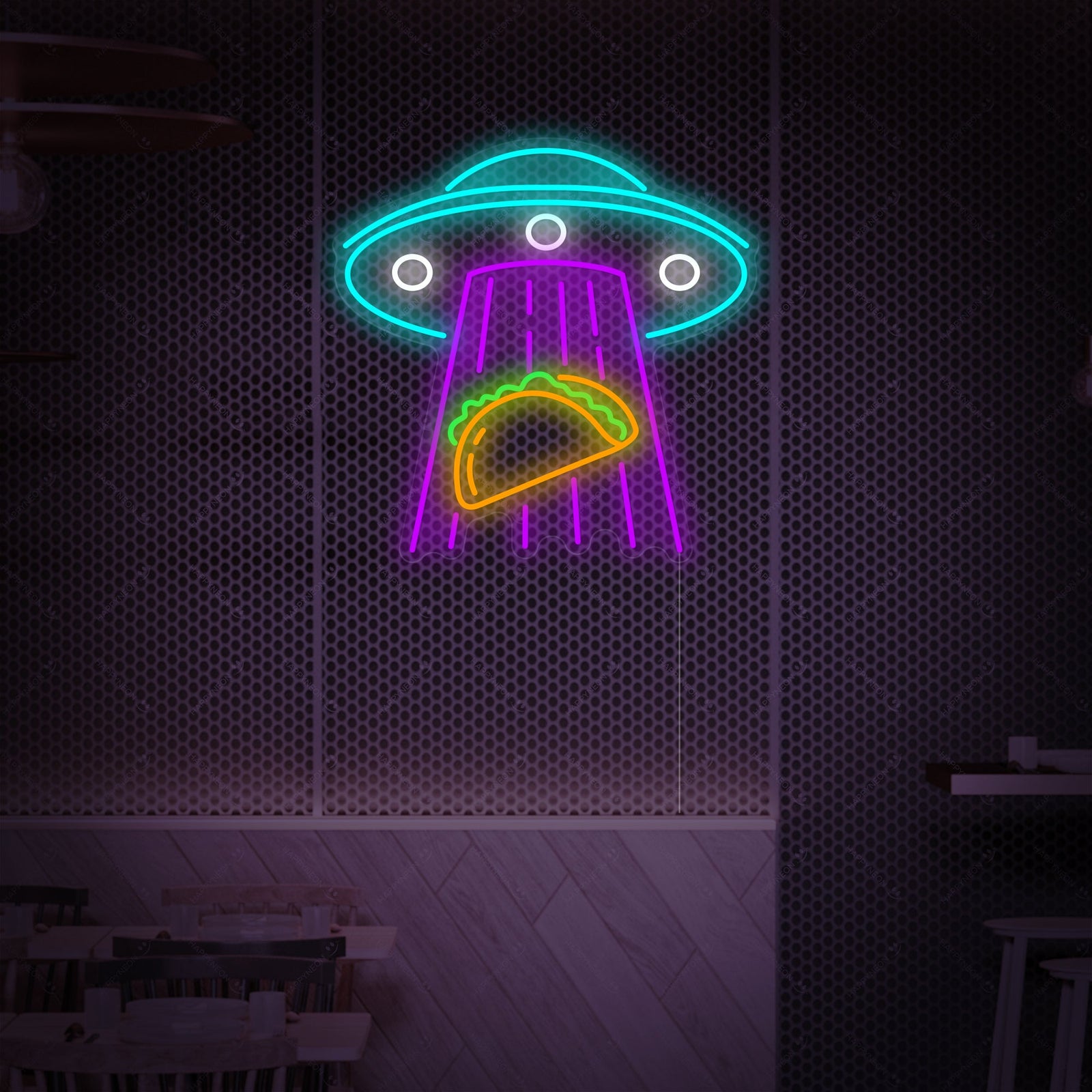 Digital illustration of the UFO Abducting Tacos neon sign design
