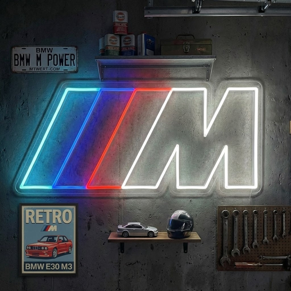 Car Garage Neon Sign hanging on a wooden wall above a workbench with tools, showcasing the warm glow and realistic texture in a cozy, authentic garage environment.