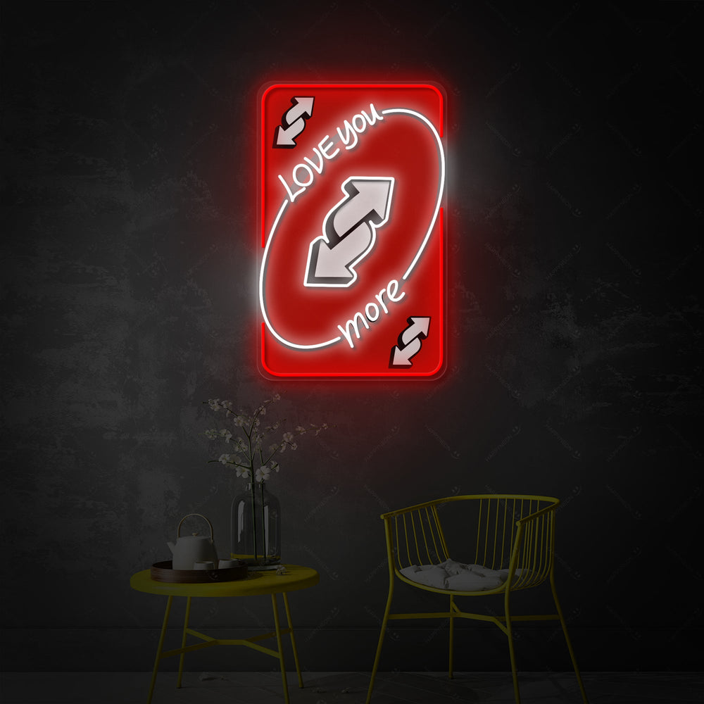 Detailed product rendering of the 'UNO Love You More' neon sign, showcasing its design and lighting effect.