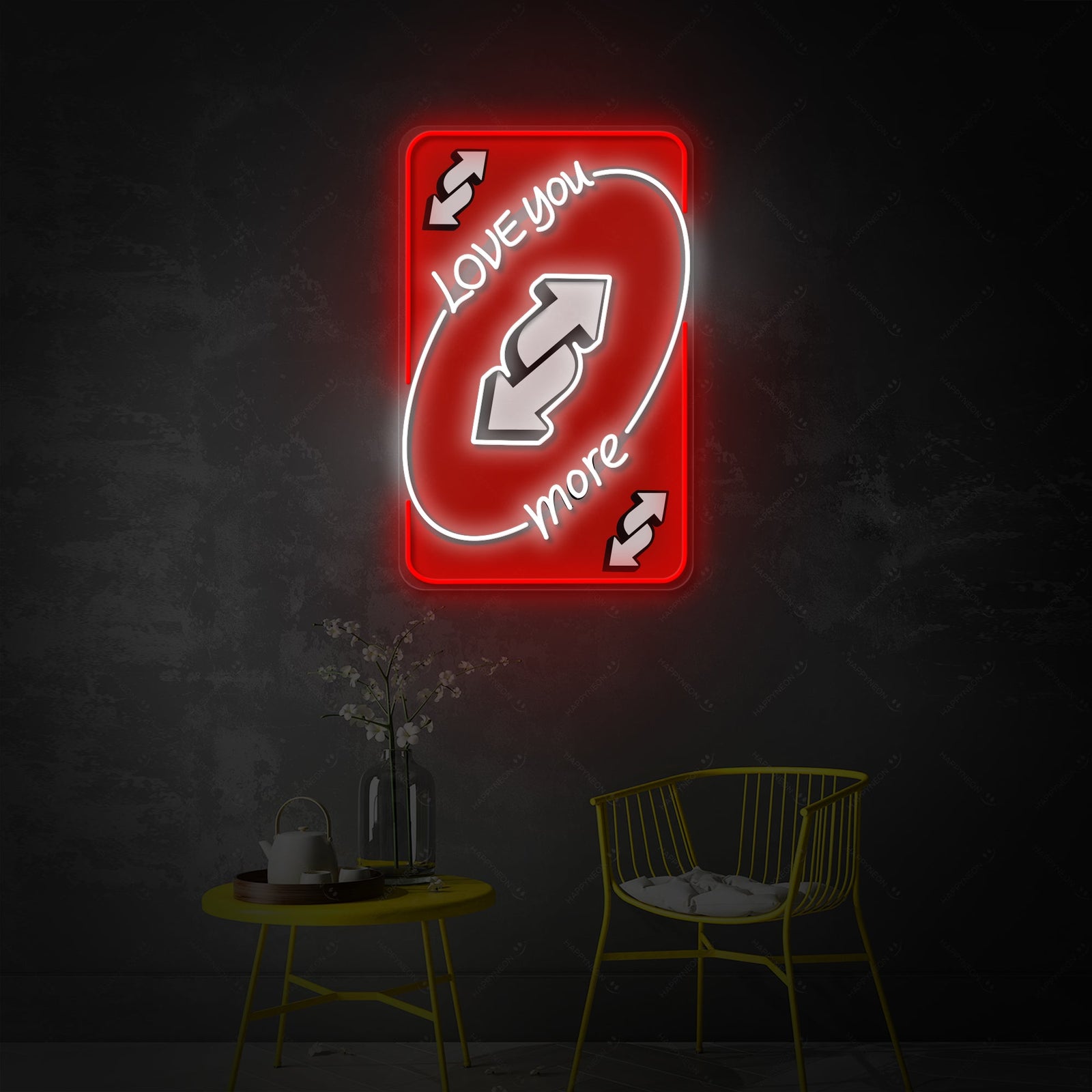 Detailed product rendering of the 'UNO Love You More' neon sign, showcasing its design and lighting effect.