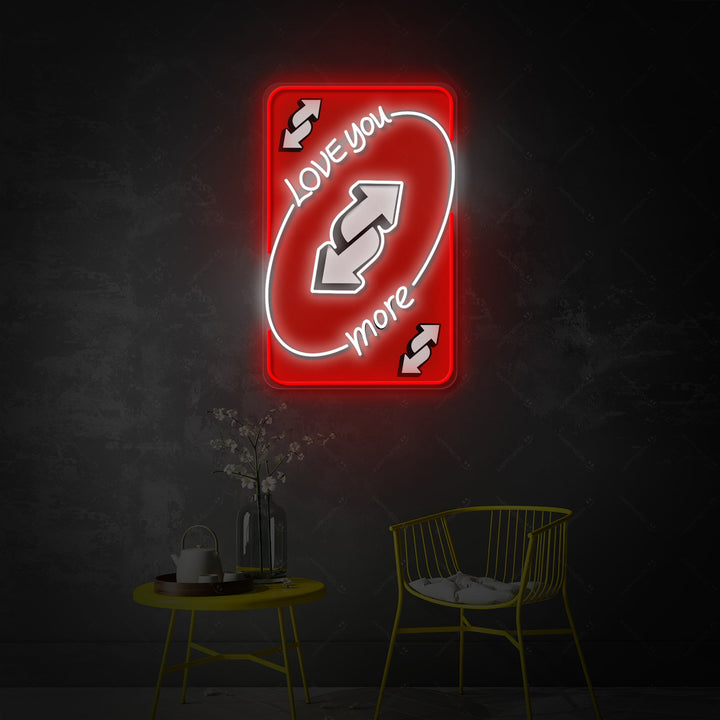 Detailed product rendering of the 'UNO Love You More' neon sign, showcasing its design and lighting effect.