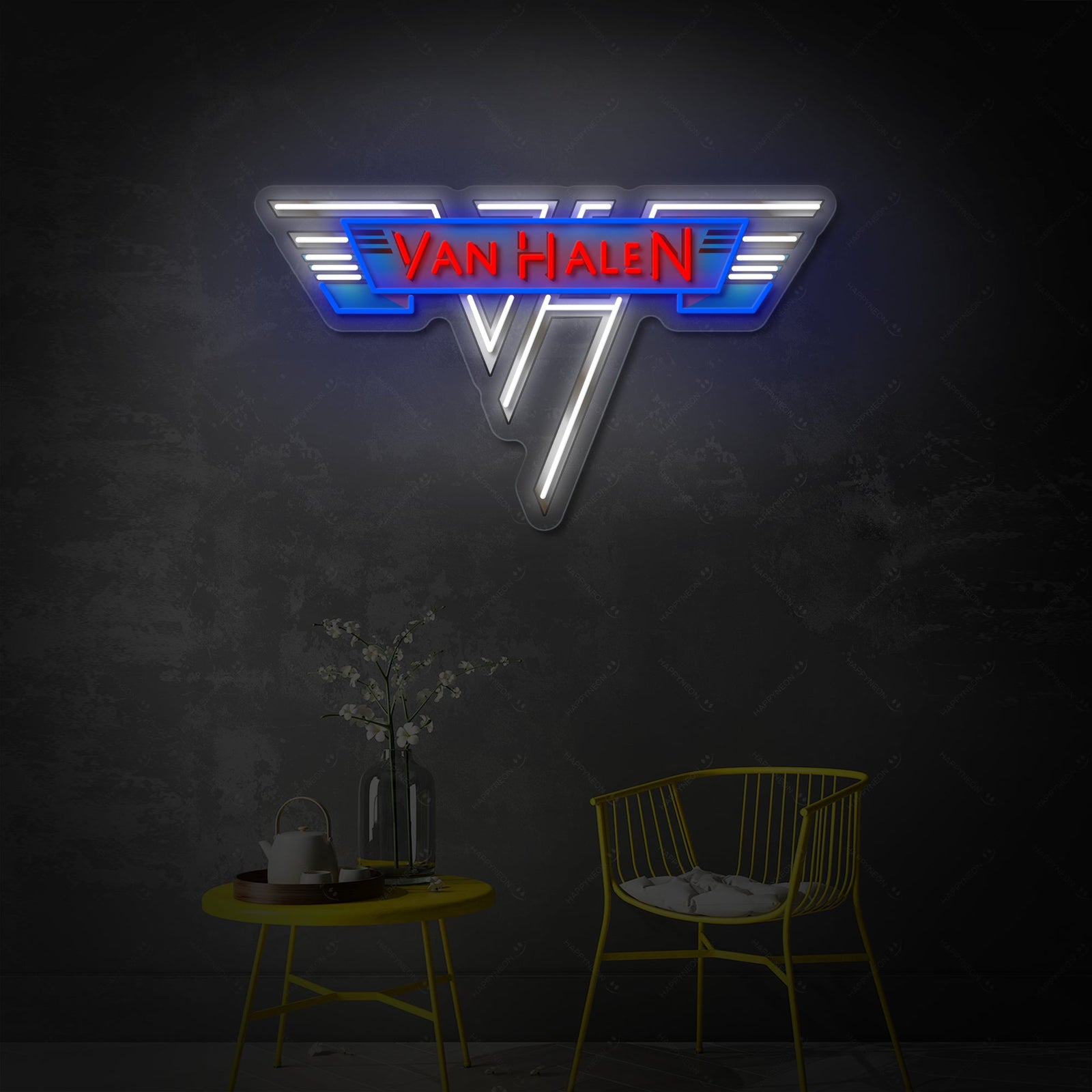 Close-up, clear rendering of the Van Halen 'VH' logo reimagined as a durable neon light fixture, perfect for wall mounting.