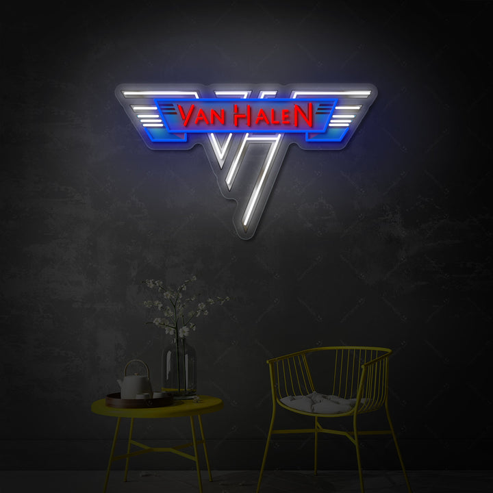 Close-up, clear rendering of the Van Halen 'VH' logo reimagined as a durable neon light fixture, perfect for wall mounting.