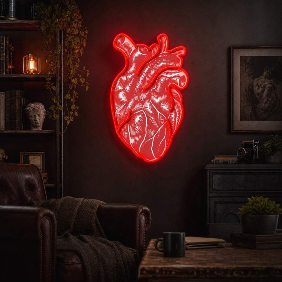 A glowing Vintage Anatomical Heart neon sign features intricate white linework against a brick wall in a rustic room setting.
