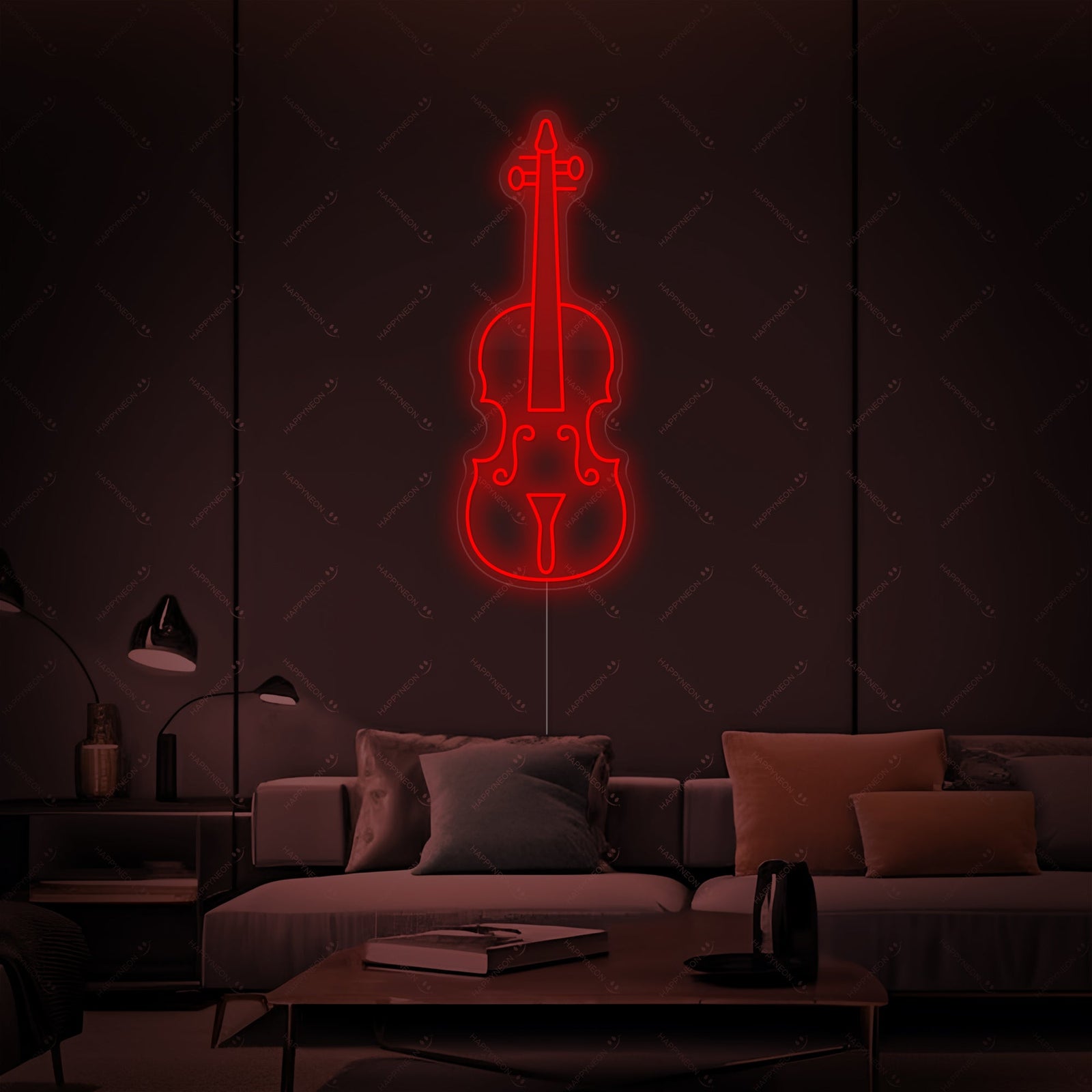 A detailed view of the illuminated blue neon tubing forming the shape of a violin, set against a blurred interior room background.
