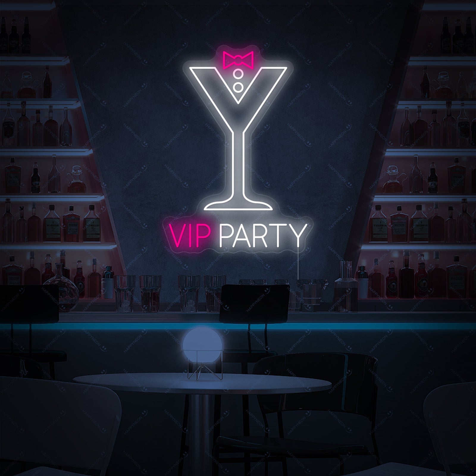A close-up view of the 'Vip Party' neon sign design details against a simple, textured background.