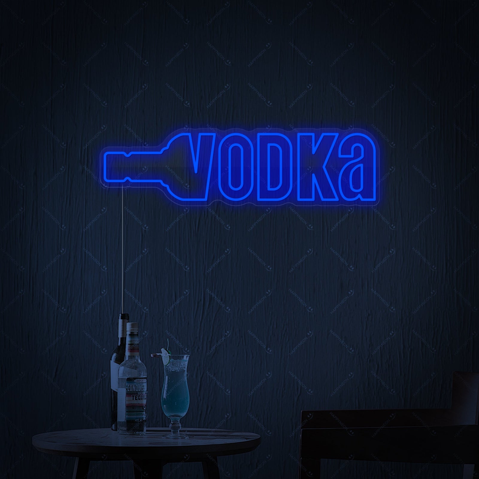 Vibrant blue neon wall decor spelling 'Vodka' in a modern, glowing font against a dark, textured background.