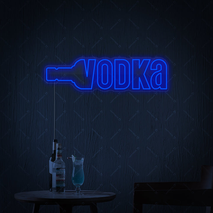 Vibrant blue neon wall decor spelling 'Vodka' in a modern, glowing font against a dark, textured background.