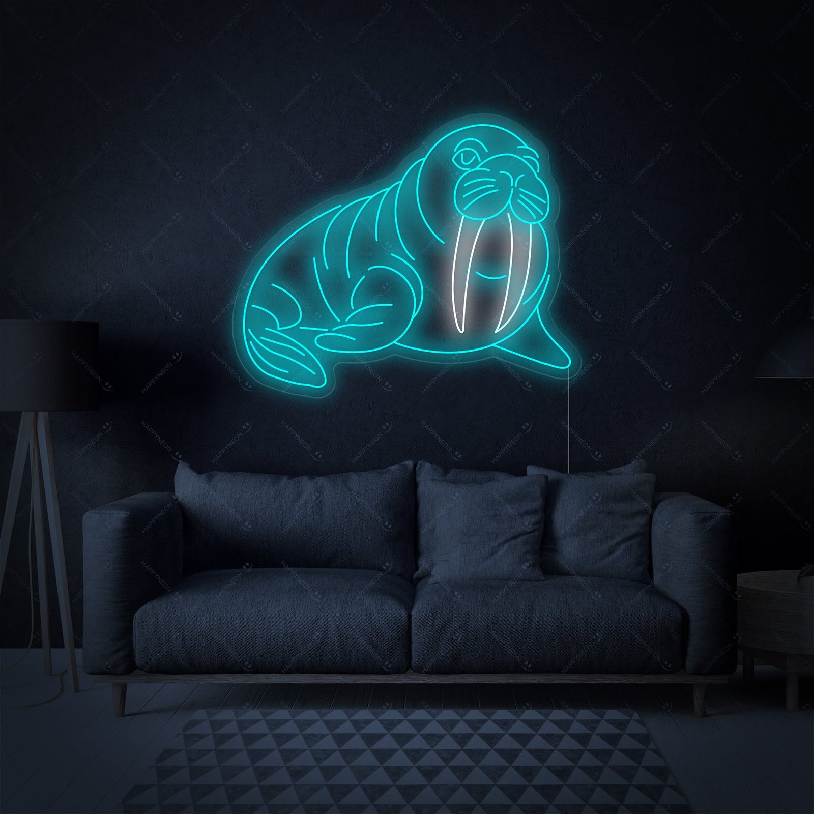 A detailed view of the 'Walrus' neon sign, showing the charming cartoon walrus design and its mounting structure.
