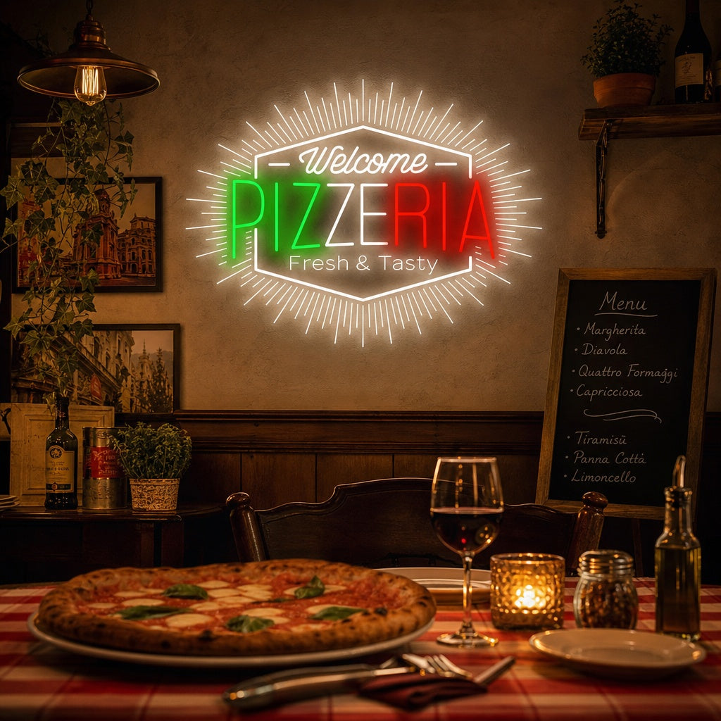 A vibrant 'Welcome Pizzeria' neon sign glowing brightly on a brick wall inside a bustling pizza restaurant, featuring a stylized pizza slice graphic.