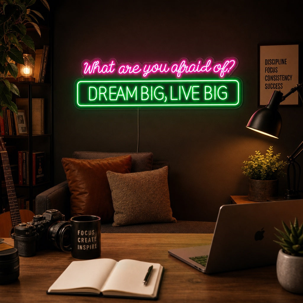 What Are You Afraid Of neon sign glowing with bright blue light in a stylish, contemporary living room setting
