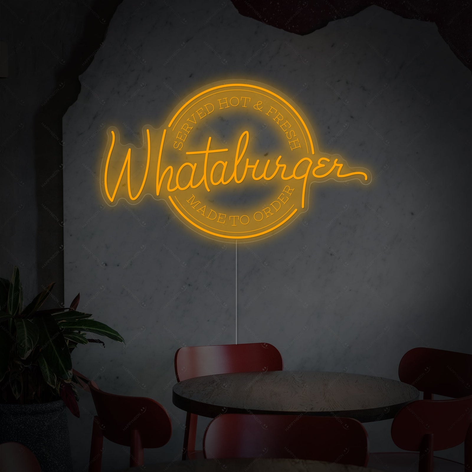 A clean design mockup of the Whataburger logo neon sign featuring orange and white tubing mounted on a clear rectangular backboard, viewed head-on.