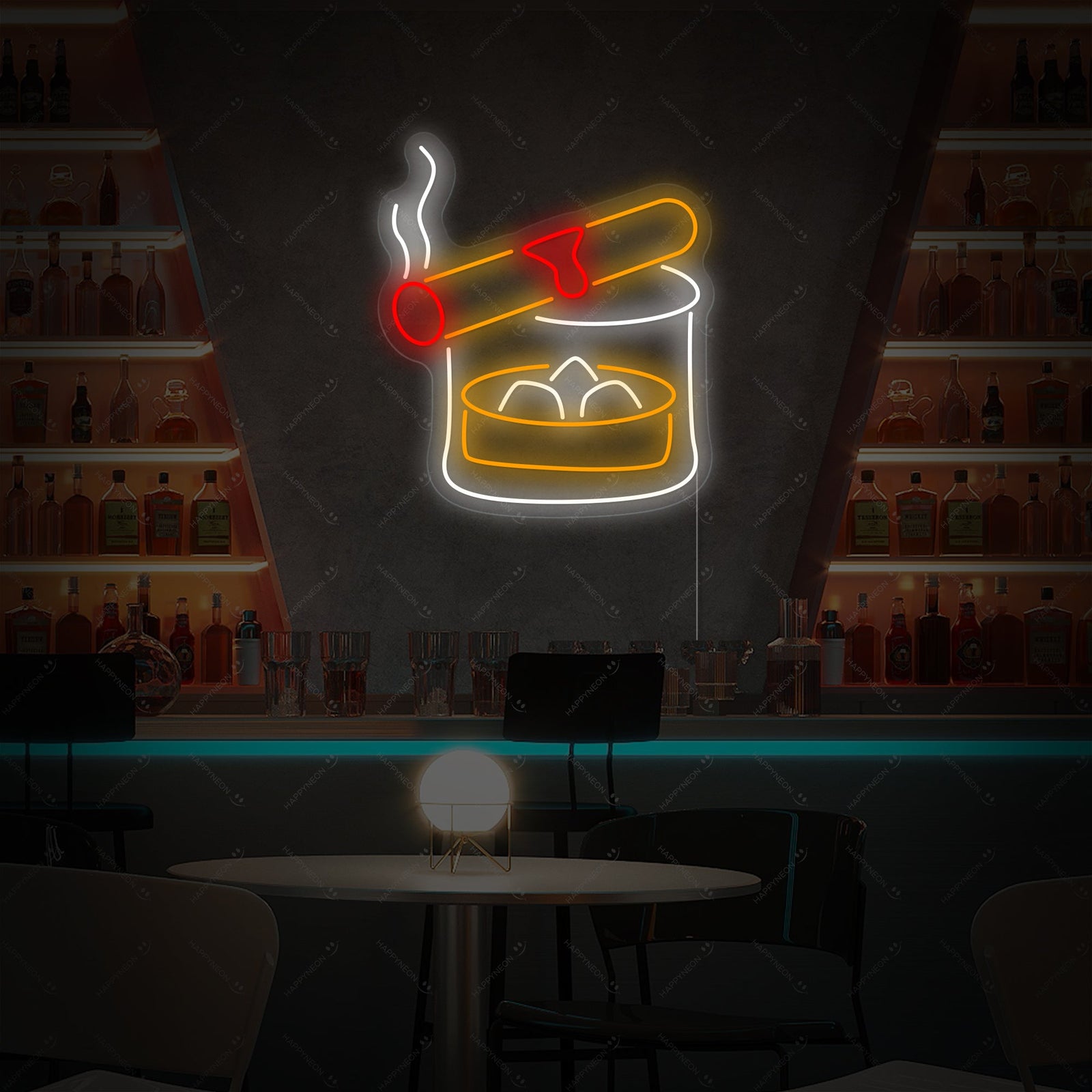 A graphic representation of the 'Whiskey Cigar' neon sign design.