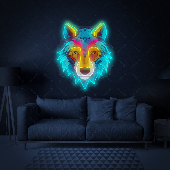 A detailed blue wolf-head outline neon sign with an acrylic backing and glowing tubes, set against a blurred indoor background.