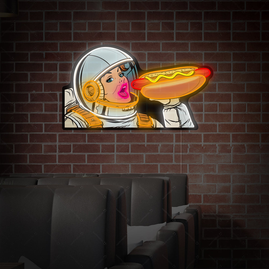 "Woman Astronaut Eating Hot Dog" Neon Sign