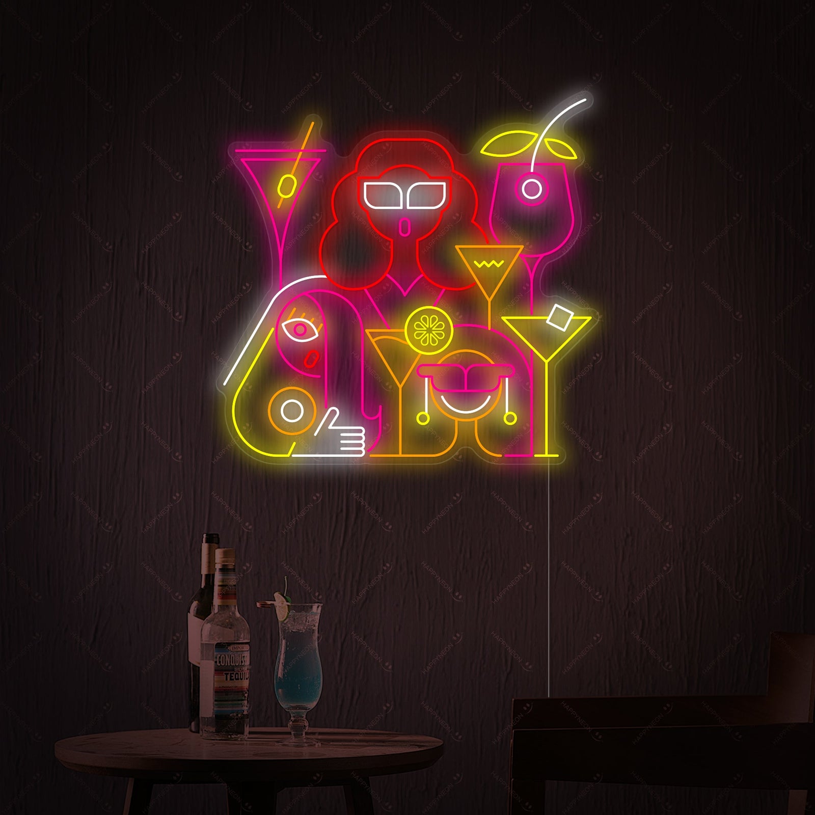 A graphic visualization of the 'Cocktail Bar' neon sign design featuring a cocktail glass icon and script lettering.