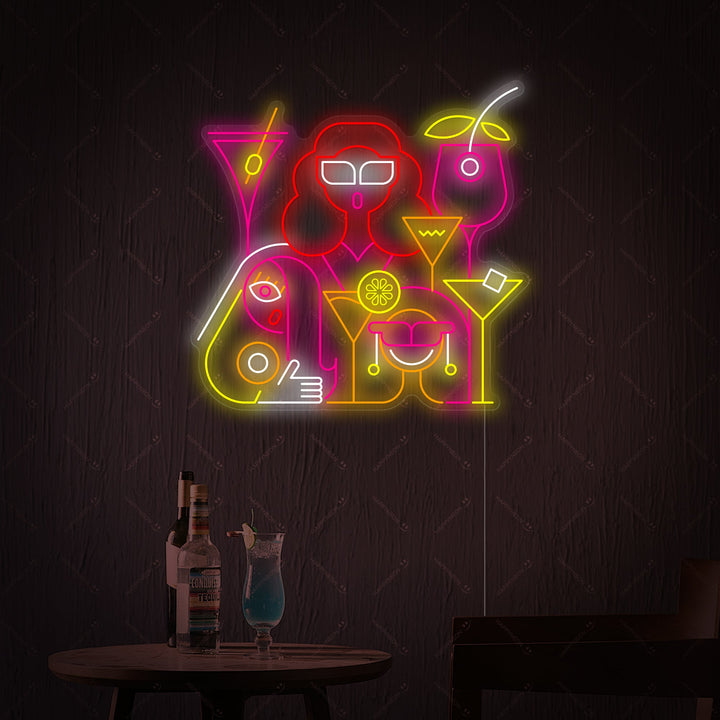 A graphic visualization of the 'Cocktail Bar' neon sign design featuring a cocktail glass icon and script lettering.