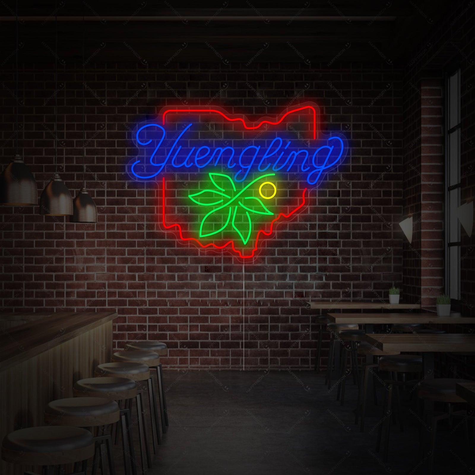Yuengling Ohio Neon Sign illuminated in a bar setting