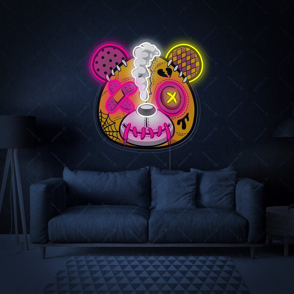 Photograph of the physical Zombie Teddy Bear neon sign, highlighting fabrication details and mounting.