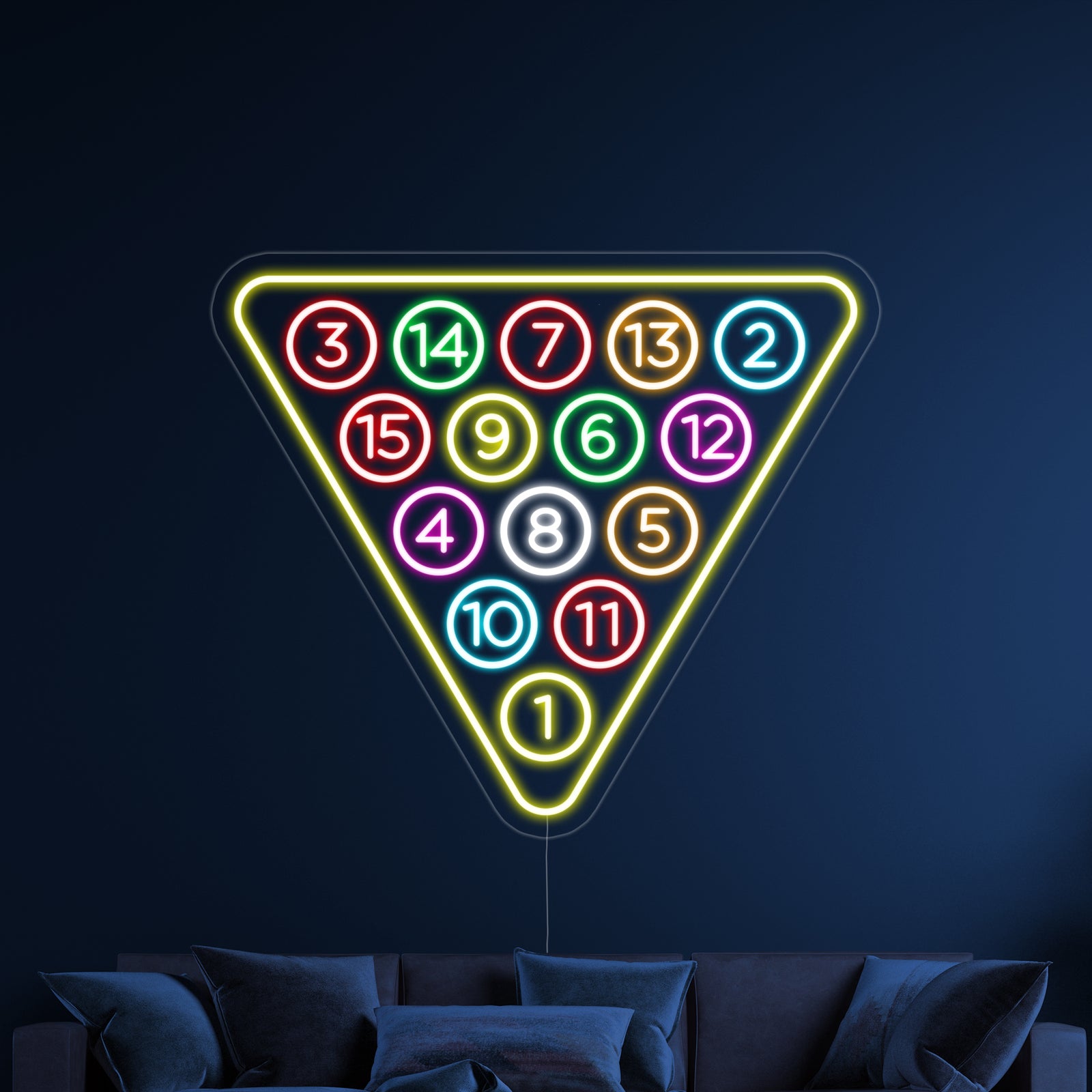 Detailed close-up showing the intricate neon tubing and acrylic backing of the 15 Ball design mounted on a brick wall.